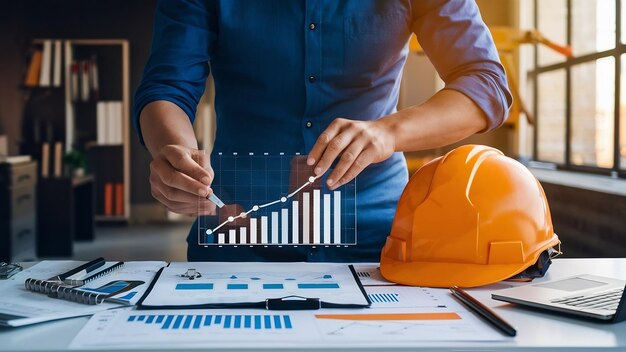 Builder reviewing a job profit growth chart next to an orange hard hat